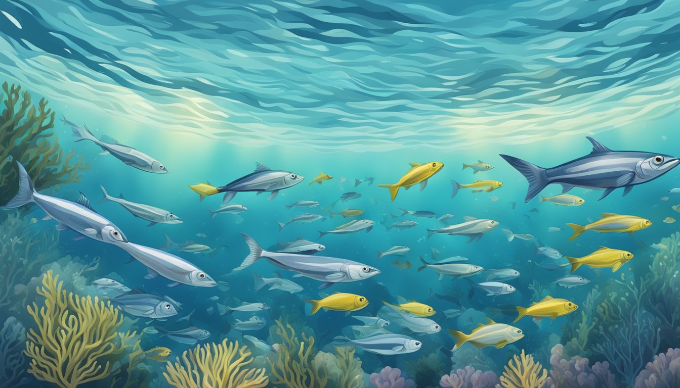 A school of herring swimming in a clear, blue ocean, surrounded by other marine life and seaweed