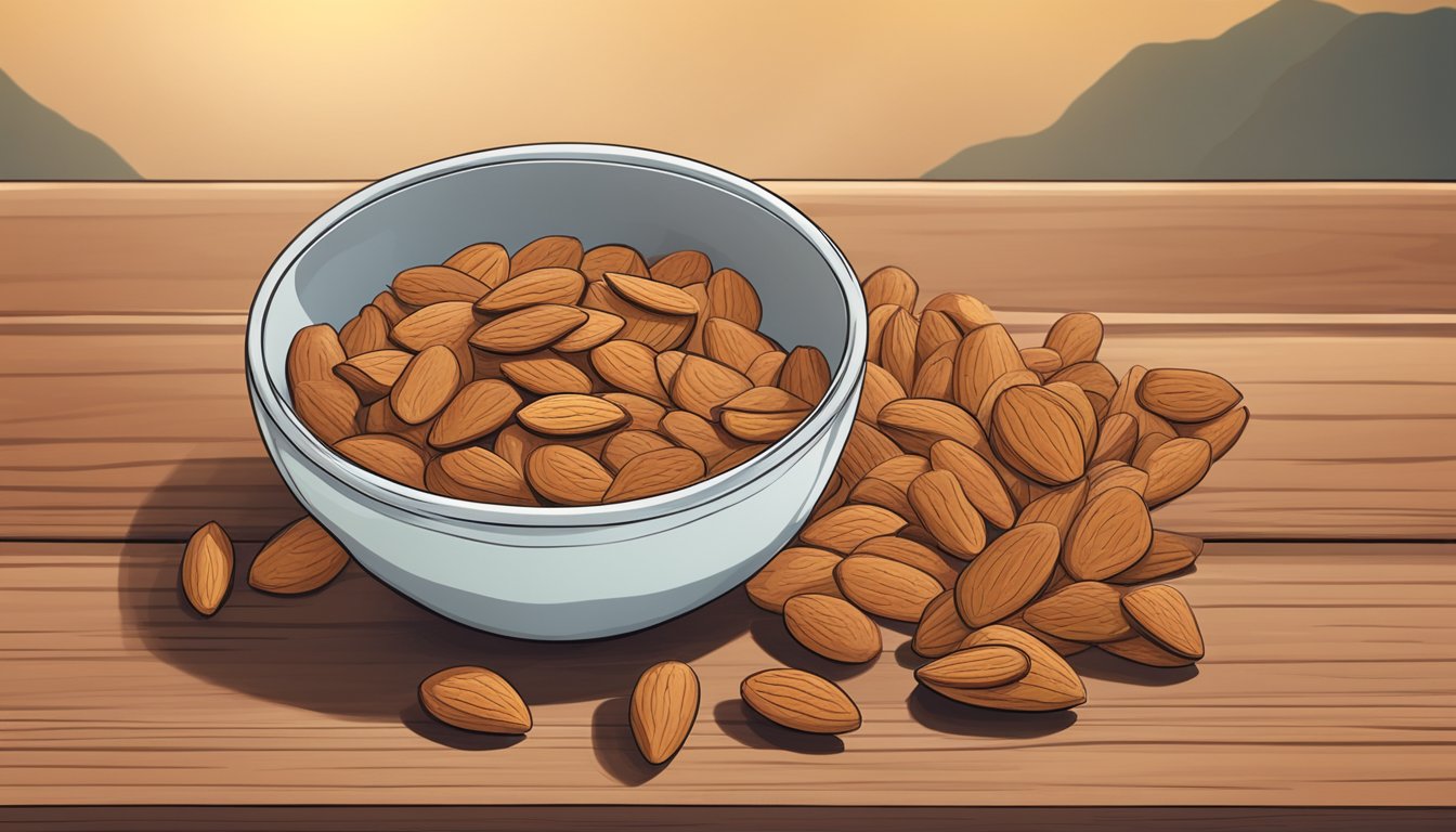 A bowl of bitter almonds and other foods rich in vitamin B17 (amygdalin) displayed on a wooden table