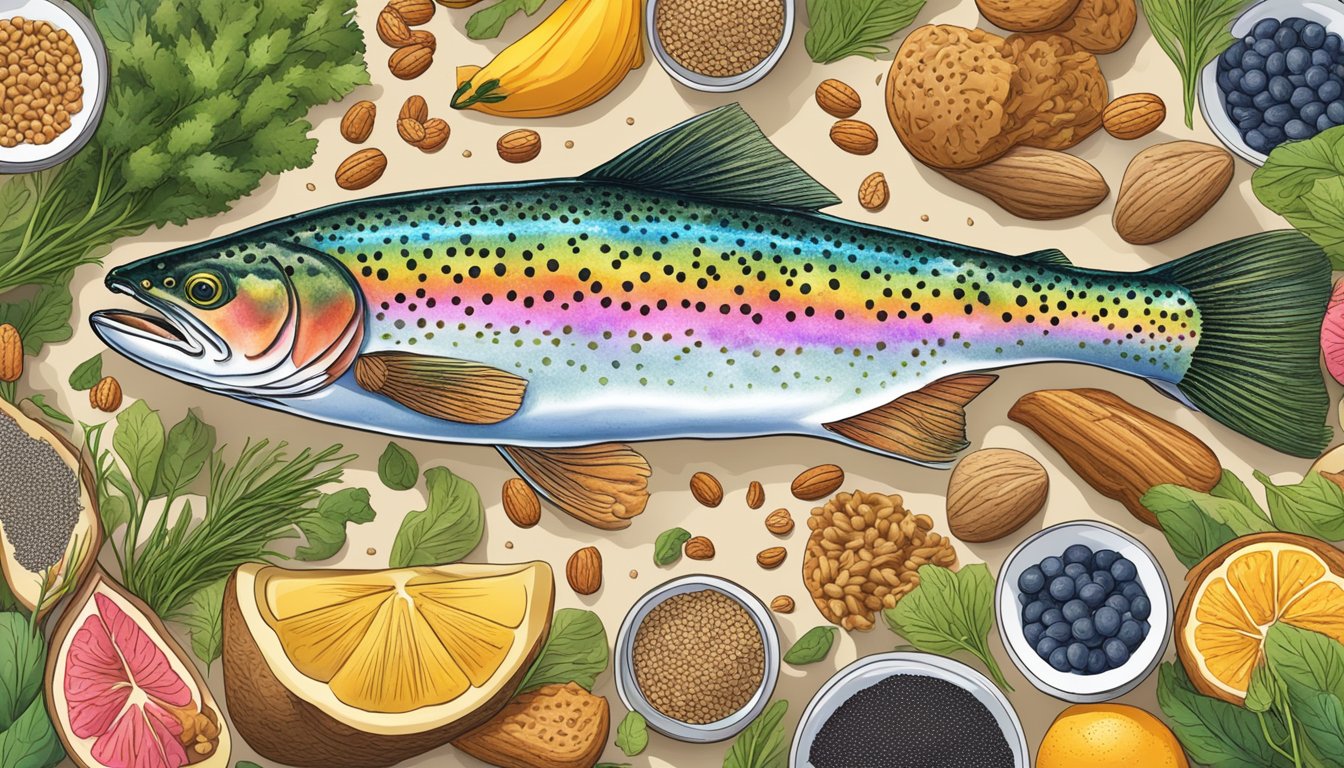 A rainbow trout swimming through a colorful array of omega-3 rich foods like flaxseeds, chia seeds, and walnuts