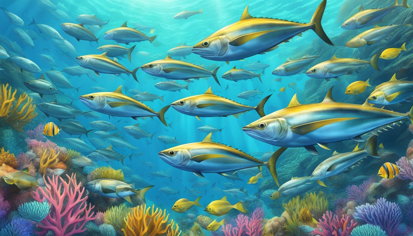 A school of albacore tuna swimming in crystal clear ocean waters, surrounded by colorful marine life and vibrant coral reefs