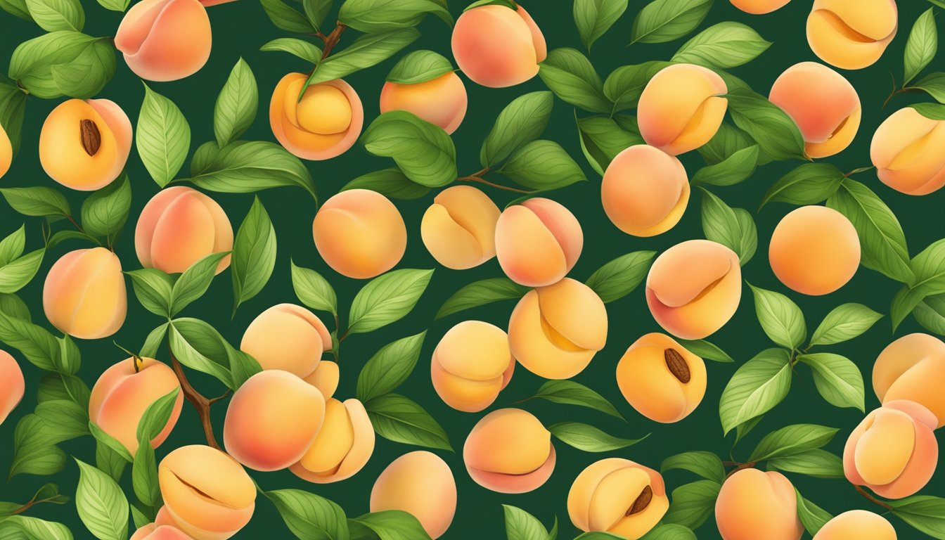 A pile of peach pits surrounded by ripe peaches and green leaves