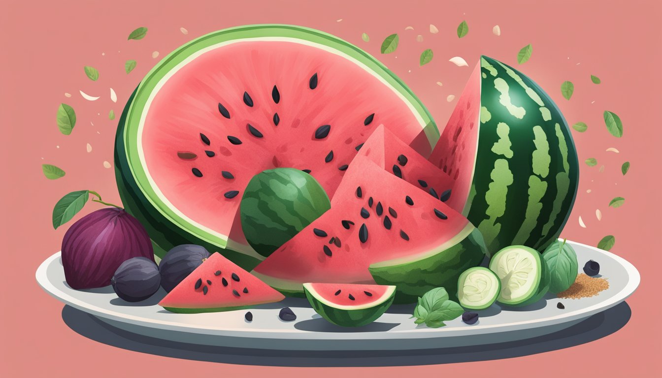 A watermelon being sliced open, with seeds and juicy red flesh exposed, surrounded by a variety of other nitric oxide-boosting foods such as spinach, beets, and garlic