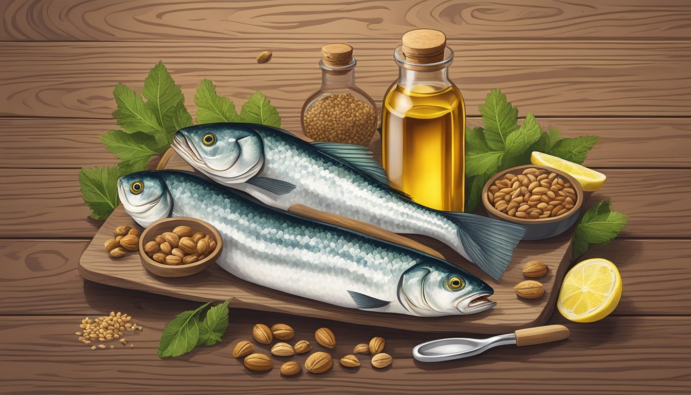 A bottle of cod liver oil surrounded by fish, flaxseeds, and walnuts on a wooden table