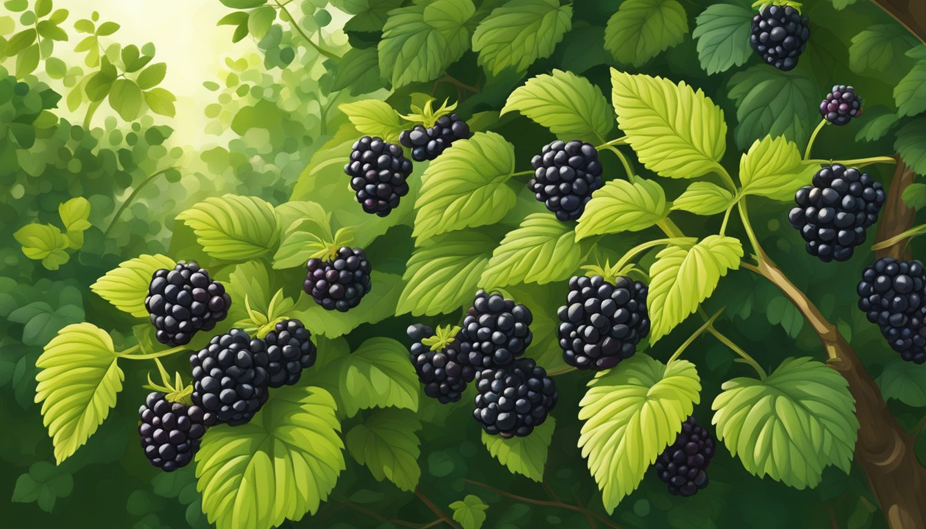 A dense thicket of wild blackberry bushes, heavy with ripe, dark berries, surrounded by lush green foliage and dappled sunlight