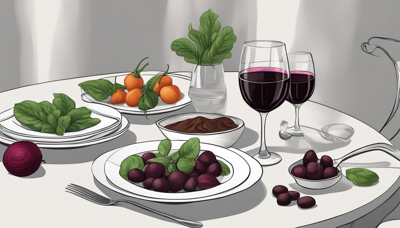 A table set with red wine, beets, spinach, and dark chocolate