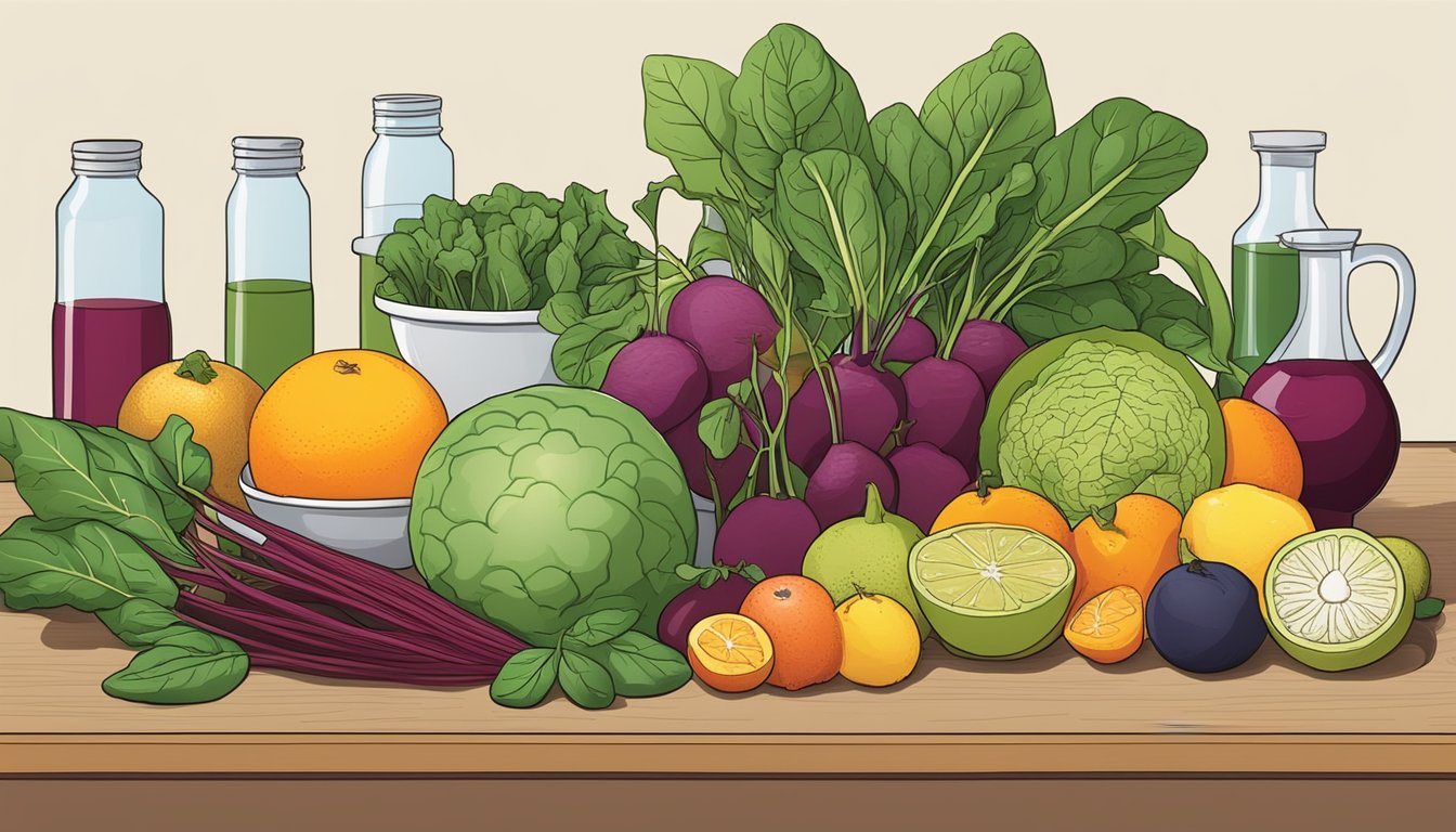 A variety of fruits and vegetables arranged on a table, including spinach, beets, and citrus fruits, with a scientific diagram of nitric oxide in the background