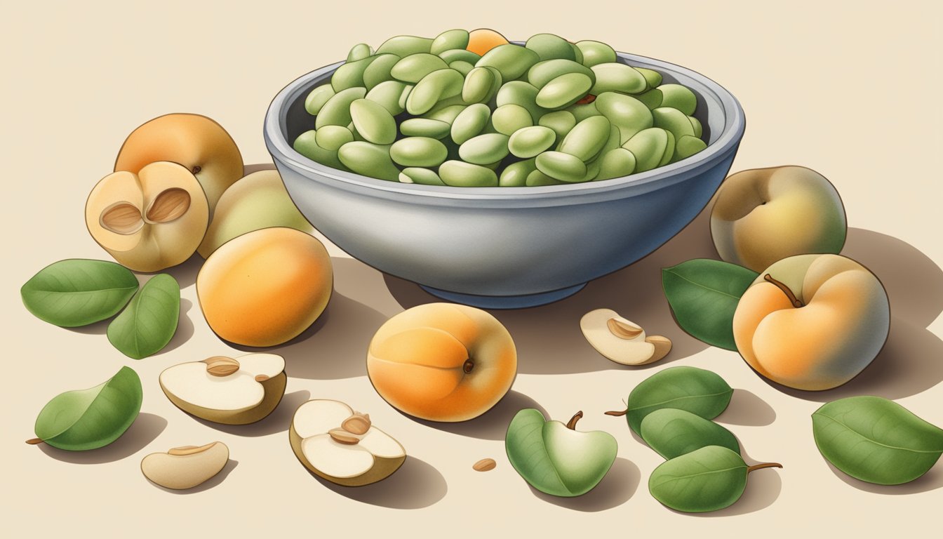 A bowl of lima beans surrounded by apricot pits and apple seeds