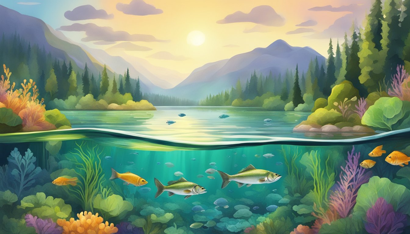 A serene lake with a school of whitefish swimming among a variety of colorful, nutrient-rich foods such as algae, plankton, and smaller fish