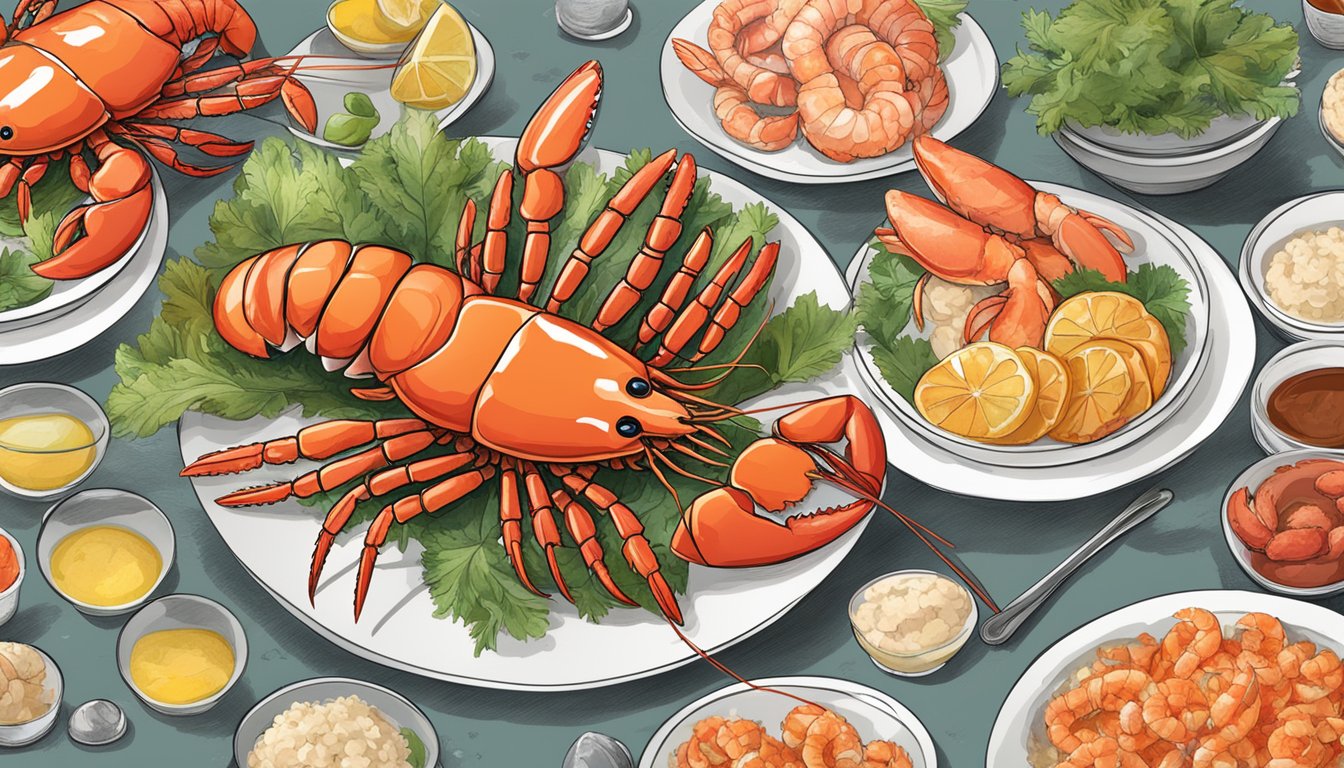 A table spread with lobster, shrimp, and crab, surrounded by high uric acid level indicators