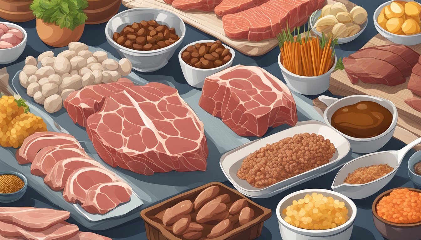 A table with various liver foods: beef, pork, and duck, alongside high-purine foods like shellfish and organ meats