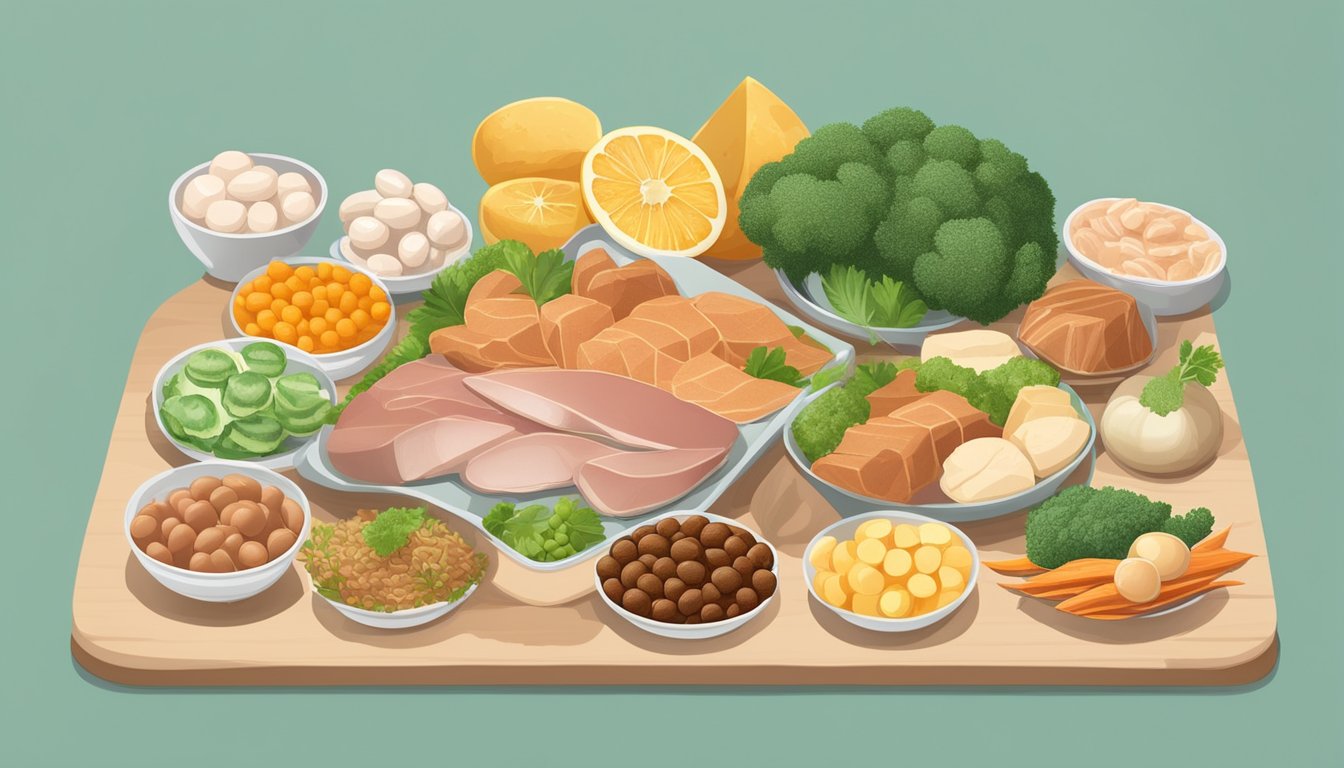 A table with a variety of foods rich in vitamin K2, including goose liver, arranged in a top 10 display