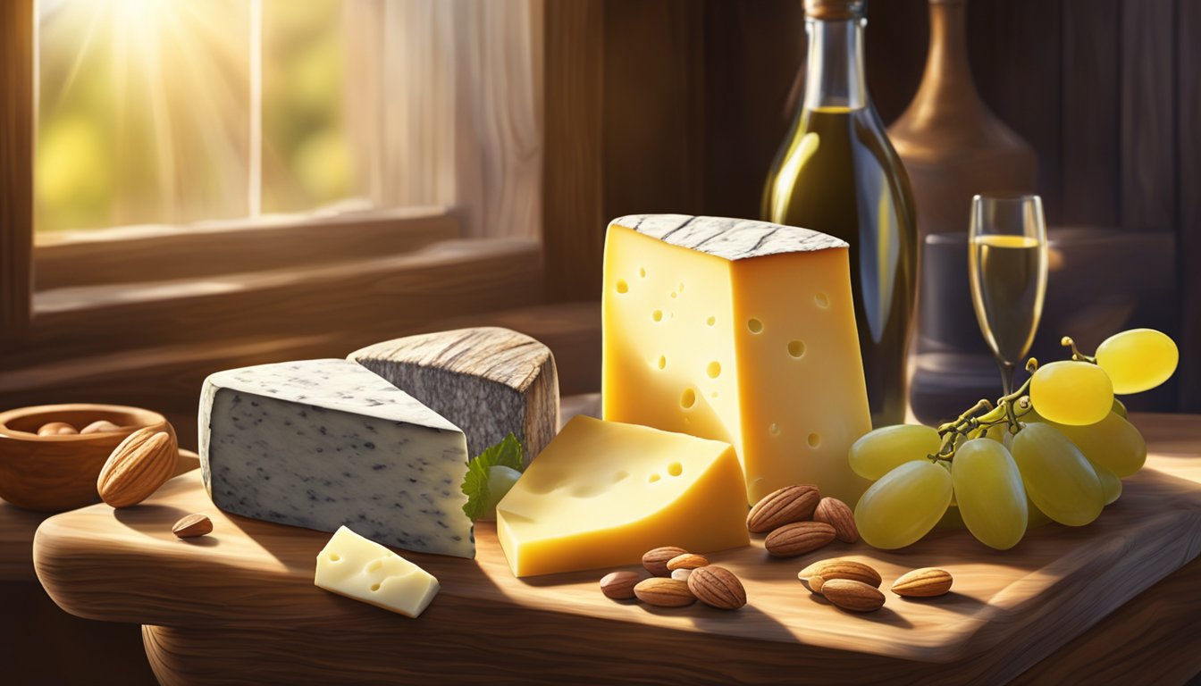 A rustic wooden table displays a variety of hard cheeses, accompanied by fresh grapes and nuts. Sunshine streams through a nearby window, casting warm, golden light on the arrangement