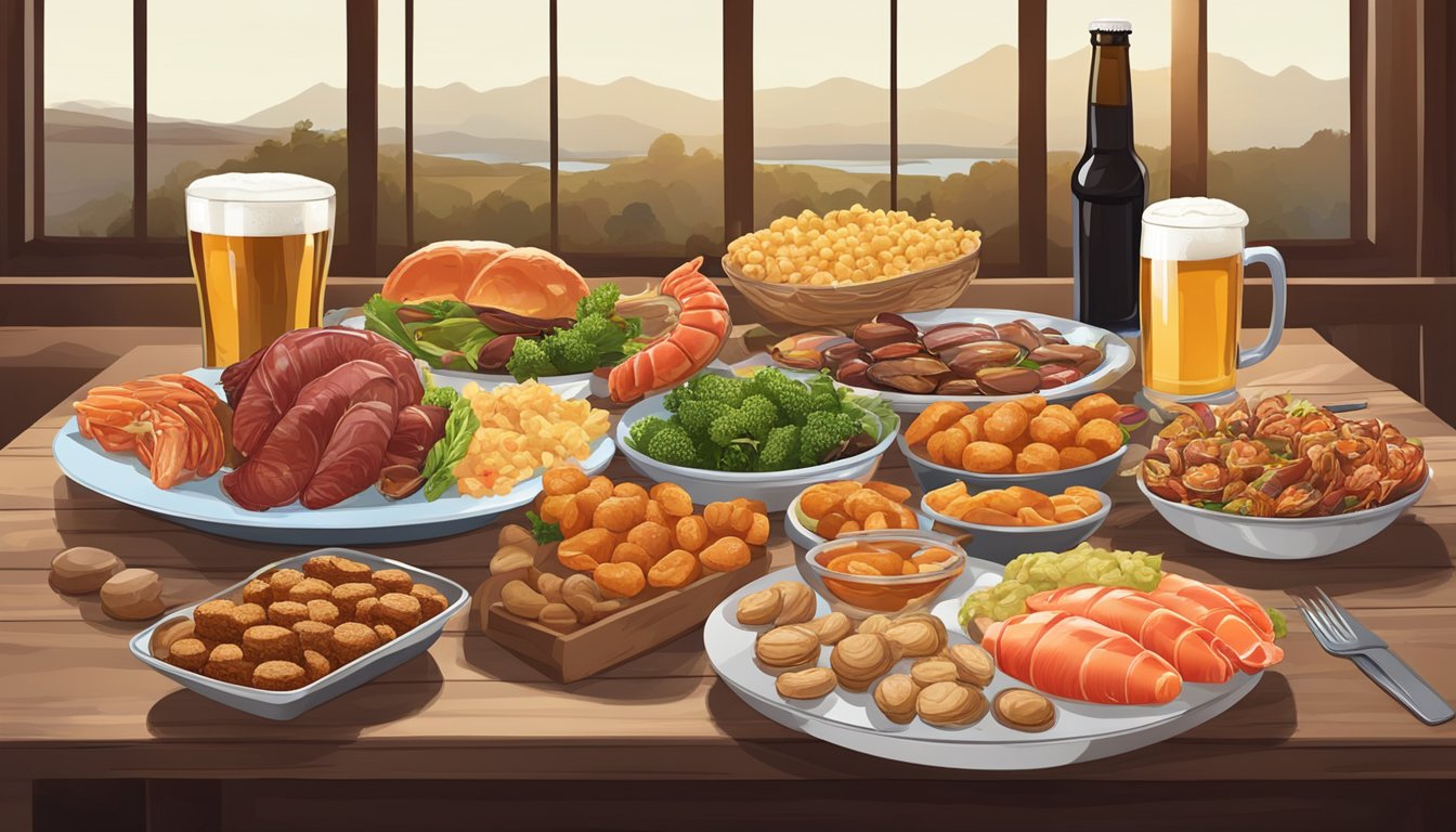 A table with beer, red meat, shellfish, and high-fat snacks