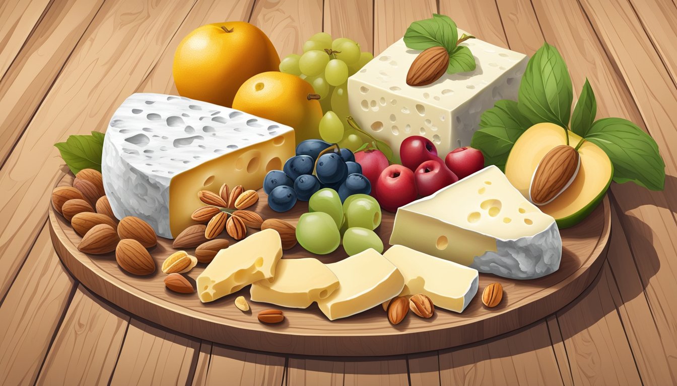 A selection of soft cheeses arranged on a wooden board with accompanying fruits and nuts, showcasing the top 10 foods rich in vitamin K2