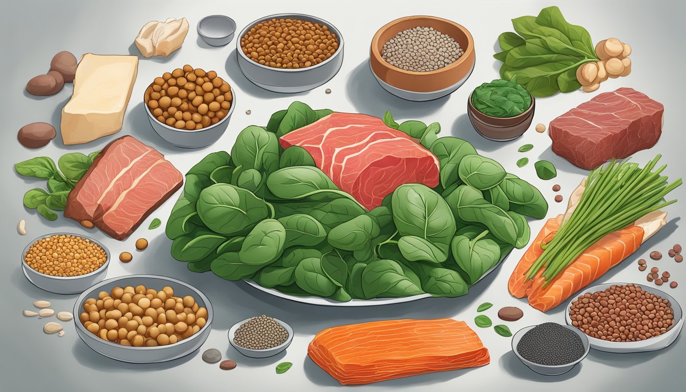 A colorful array of iron-rich foods, such as spinach, lentils, and red meat, surrounded by swirling iron molecules and ferritin structures