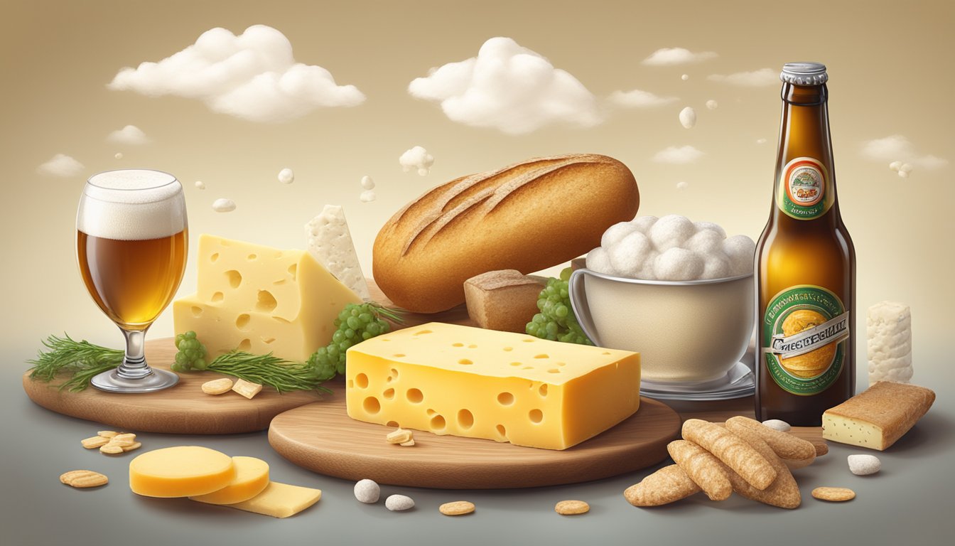 A table with bread, beer, and cheese, surrounded by a cloud of rising uric acid molecules