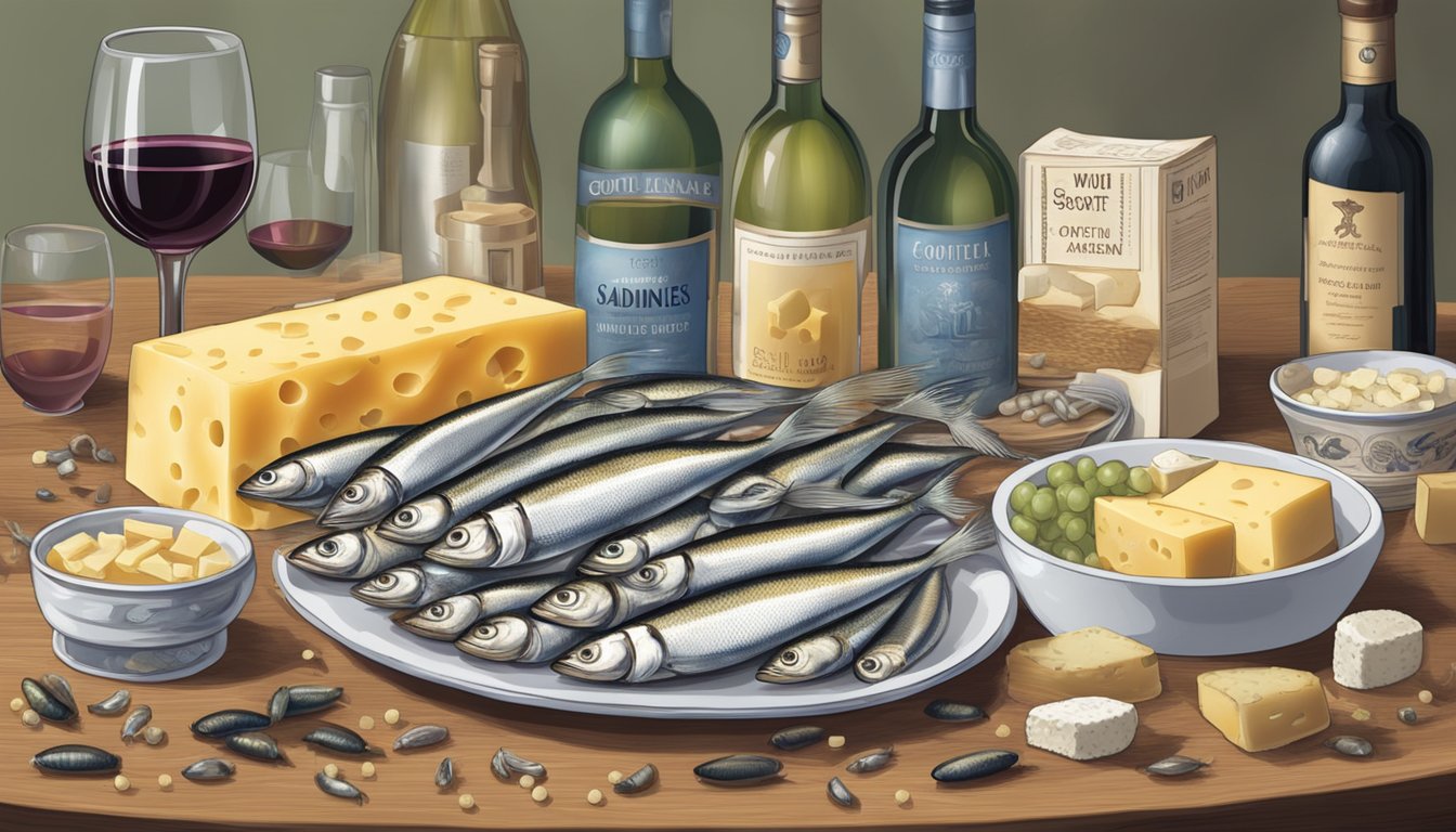 A table covered in sardines, cheese, and wine, surrounded by gout medication and a gout awareness poster