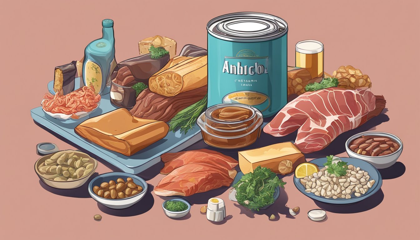 A can of anchovies surrounded by gout-inducing foods like red meat and alcohol