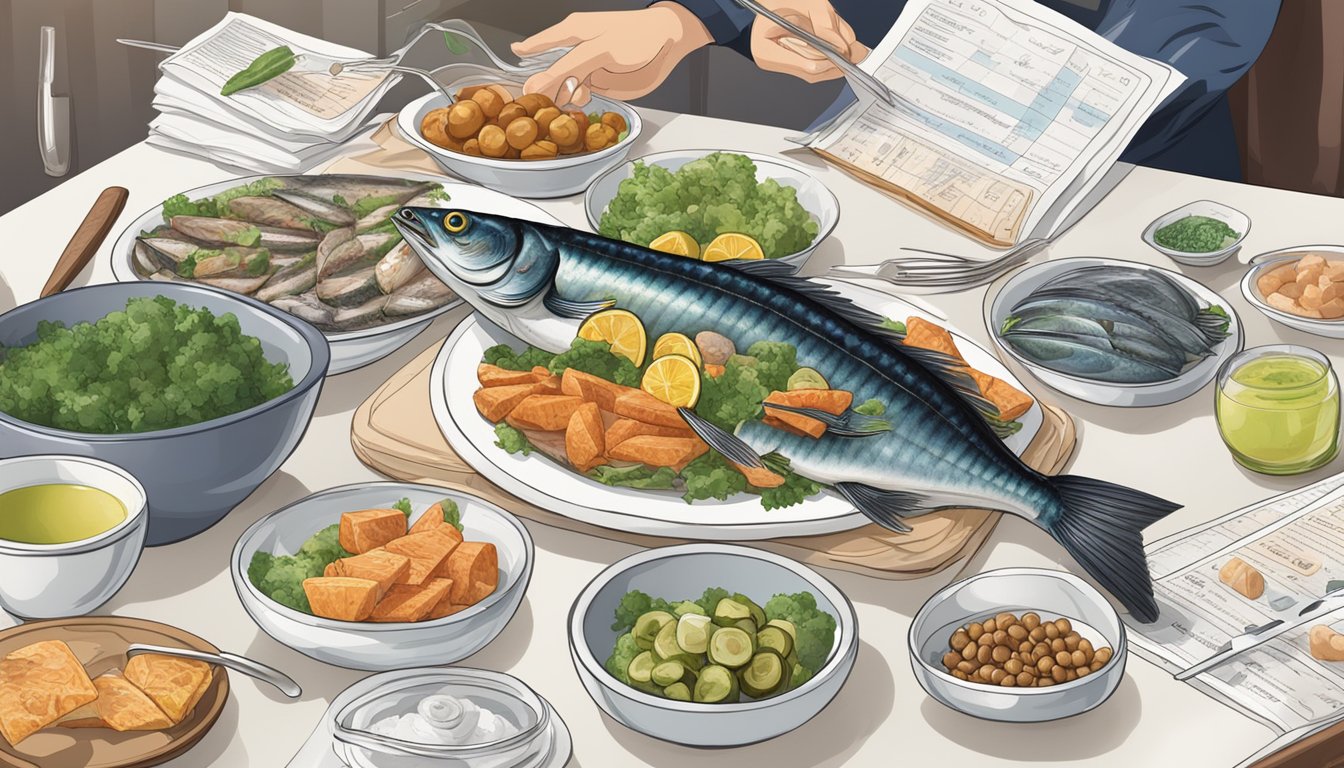 A table with various mackerel dishes and high-uric acid foods, surrounded by medical charts and a concerned person reading a nutrition label