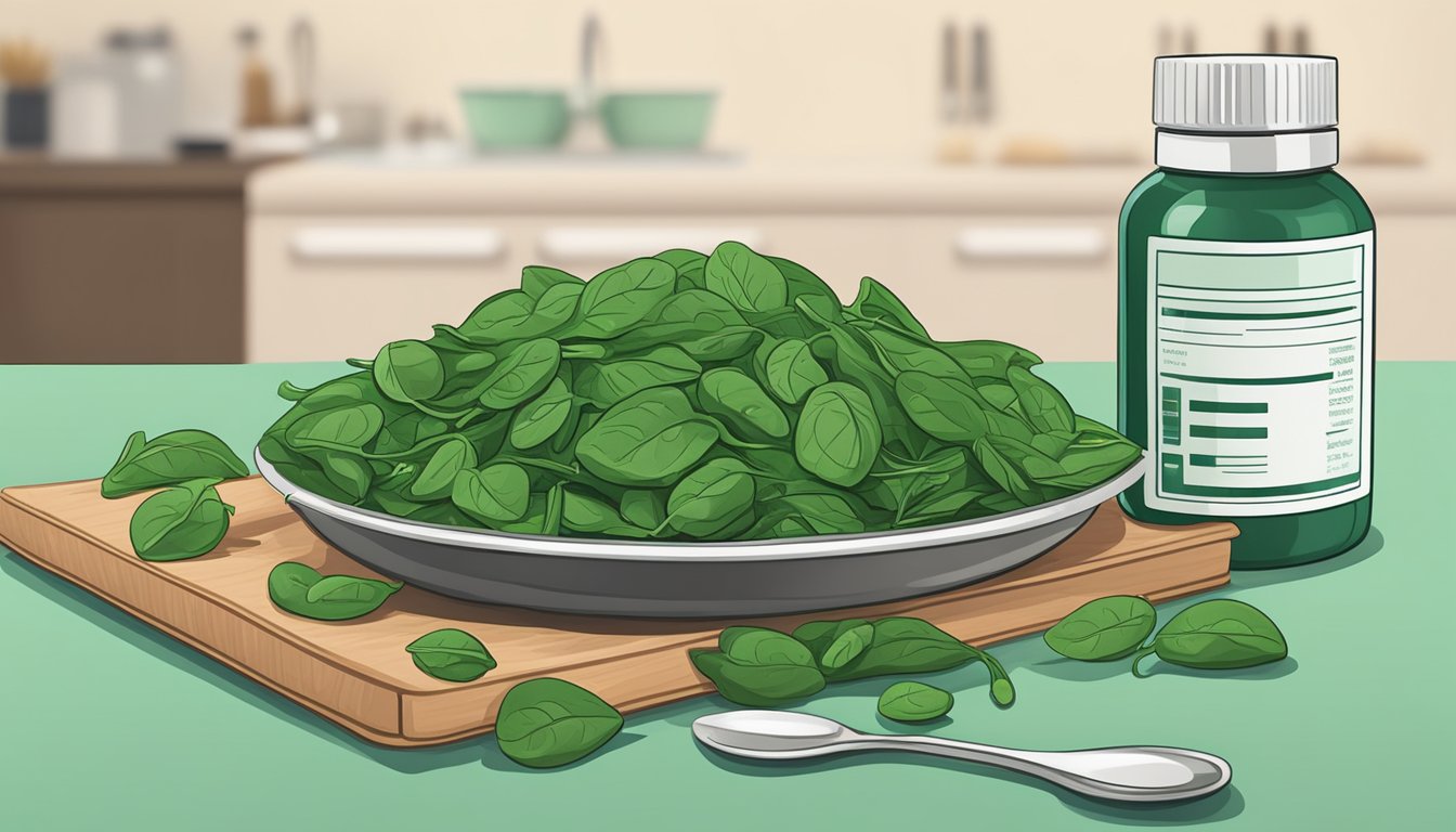 A pile of spinach leaves and a bottle of testosterone supplements on a kitchen counter