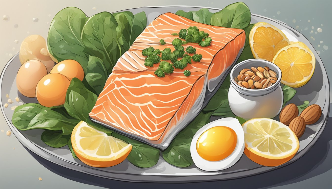 A plate of salmon fillet surrounded by various DHT-boosting foods like eggs, nuts, and spinach