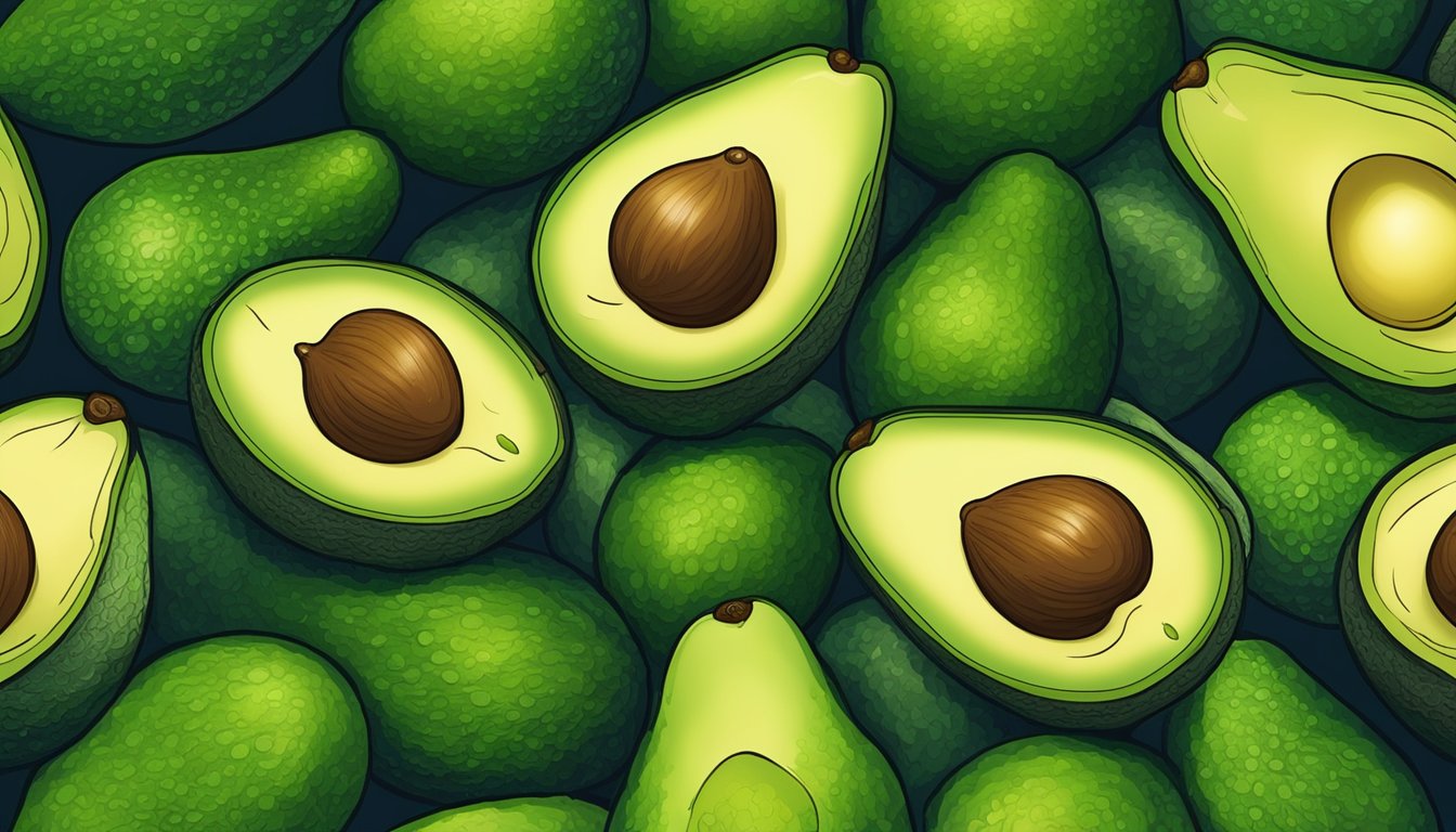 A pile of ripe avocados surrounded by hair follicles and testosterone molecules