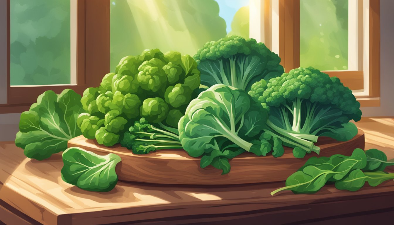 A colorful array of spinach, kale, and broccoli arranged on a wooden cutting board. Sunlight streams through a nearby window, casting a warm glow on the vibrant vegetables