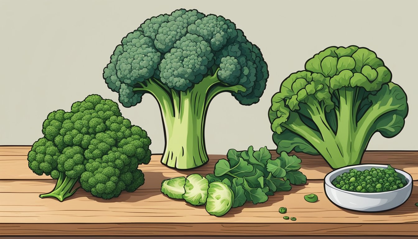 A colorful array of broccoli, kale, and spinach arranged on a wooden cutting board. A mortar and pestle sits nearby, ready for use