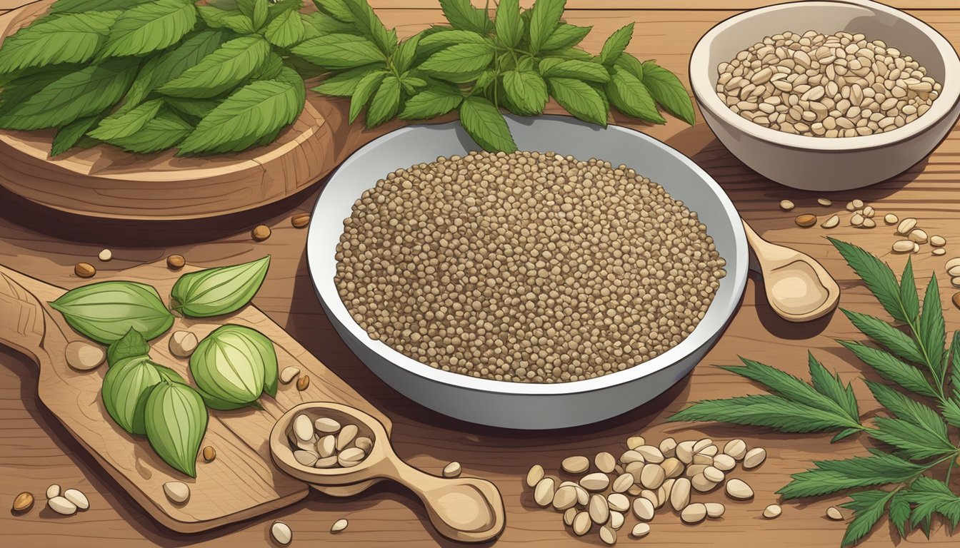 A handful of hemp seeds scattered on a wooden cutting board surrounded by other plant-based sources of zinc, such as legumes and nuts