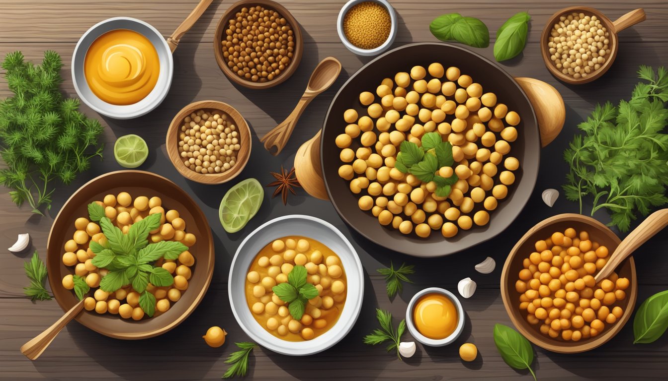 A variety of chickpea dishes arranged on a rustic wooden table, surrounded by fresh herbs and spices