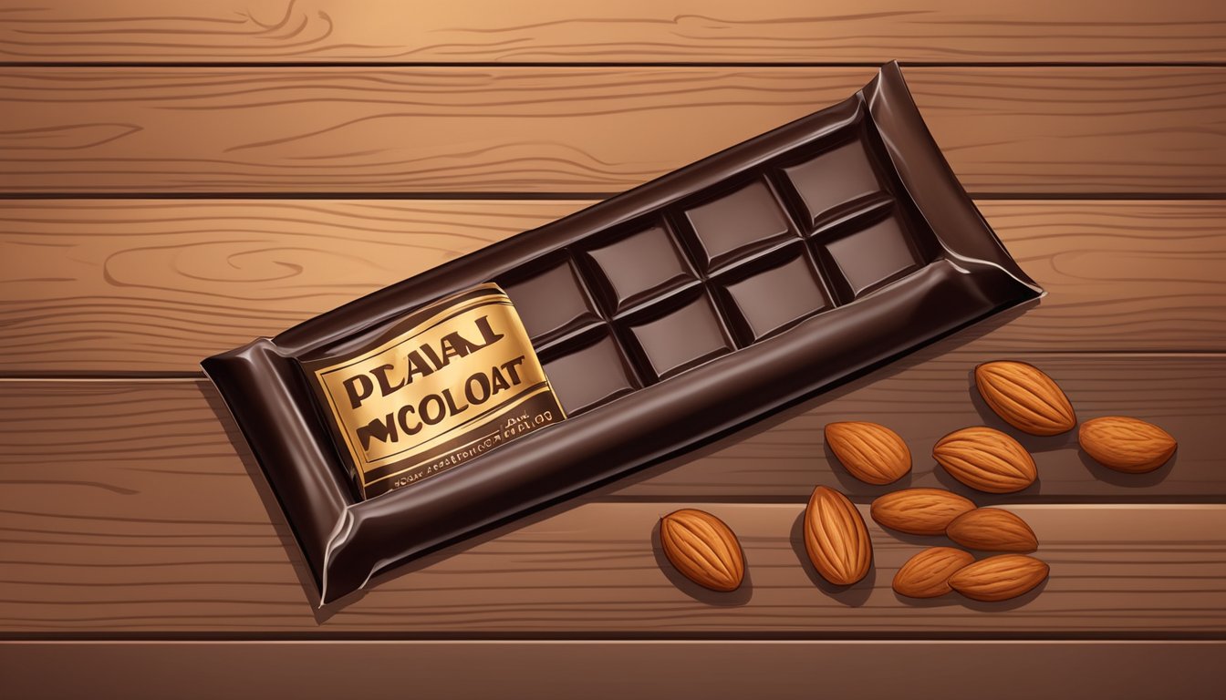 A dark chocolate bar surrounded by almonds and walnuts on a wooden table