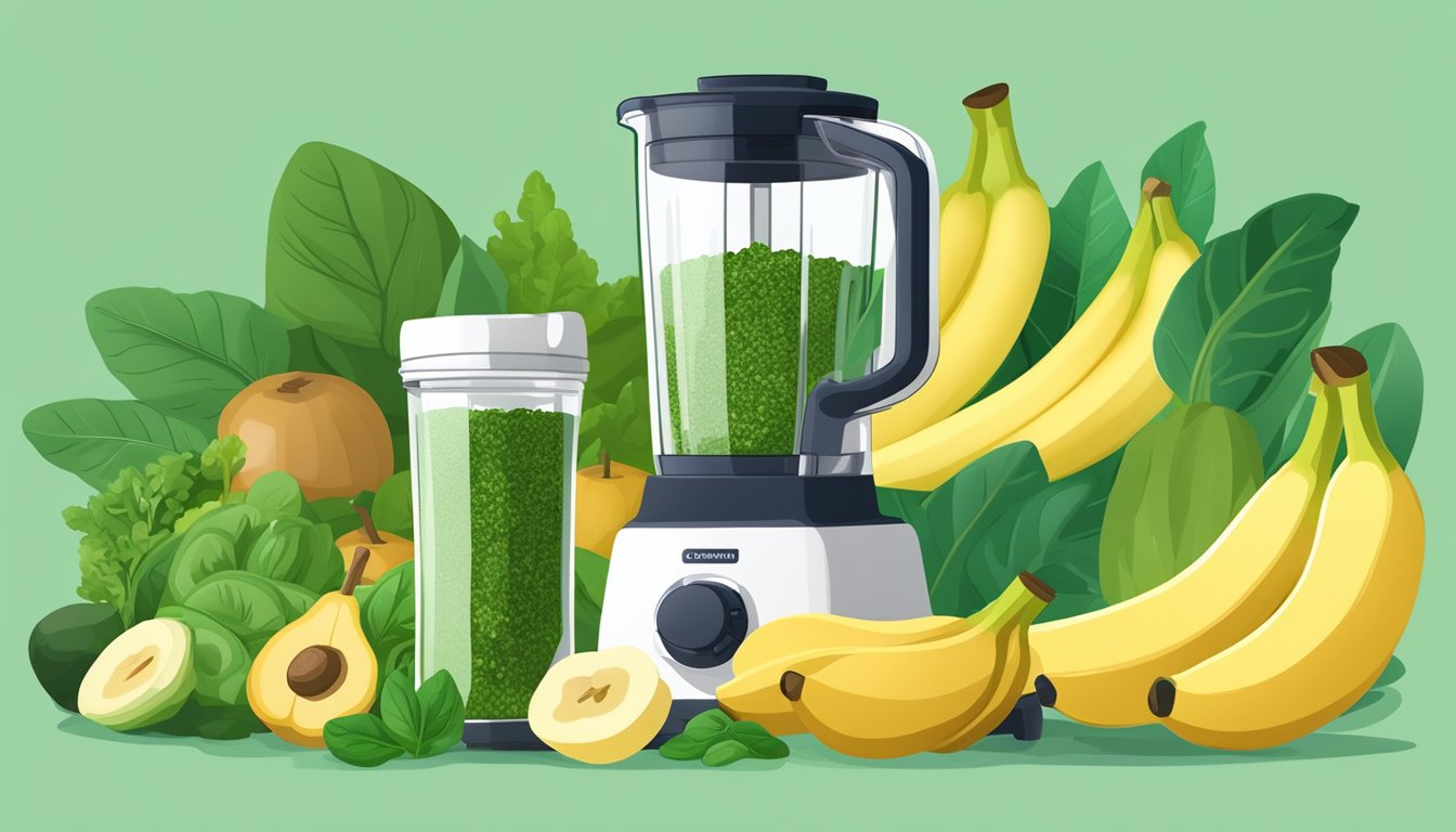 A blender filled with spinach, bananas, and flax seeds, surrounded by fresh produce and a bottle of progesterone-boosting supplements