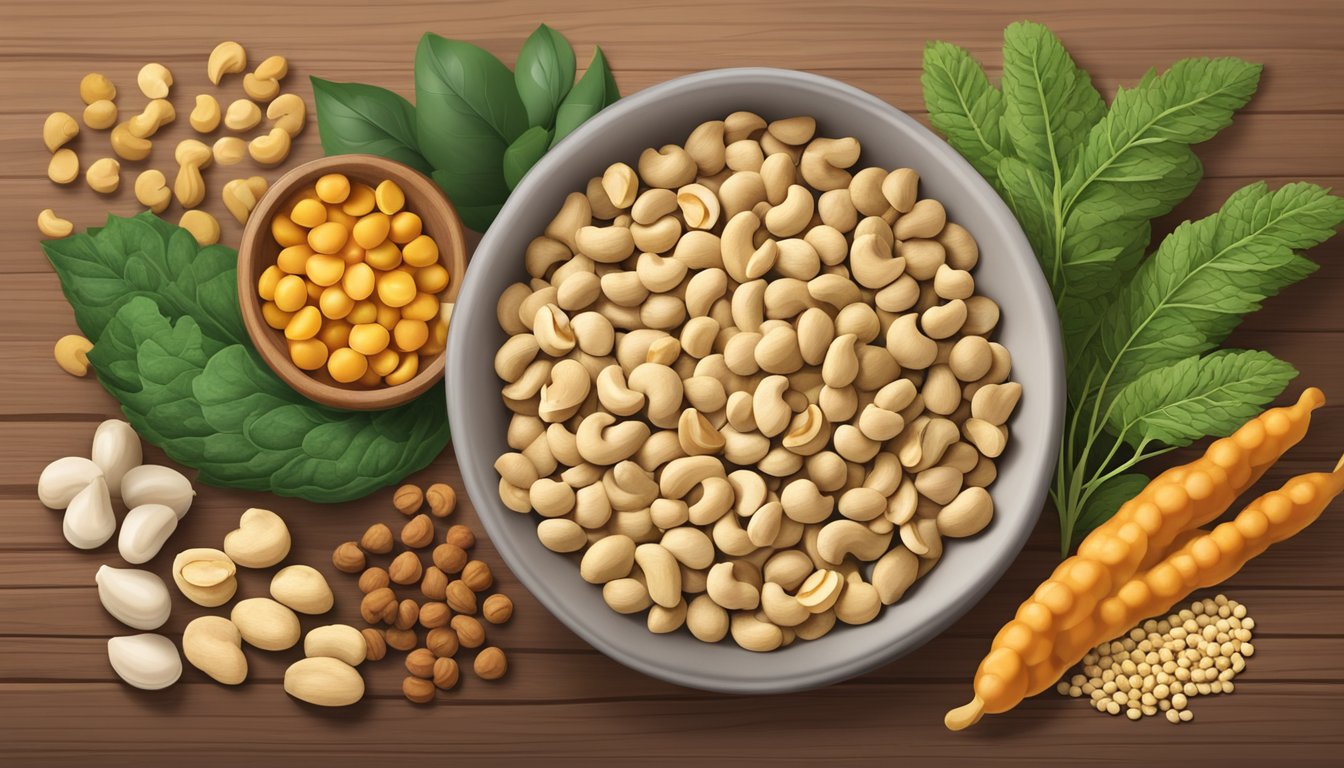 A bowl of cashews surrounded by other zinc-rich plant-based foods like chickpeas, lentils, and hemp seeds on a wooden table