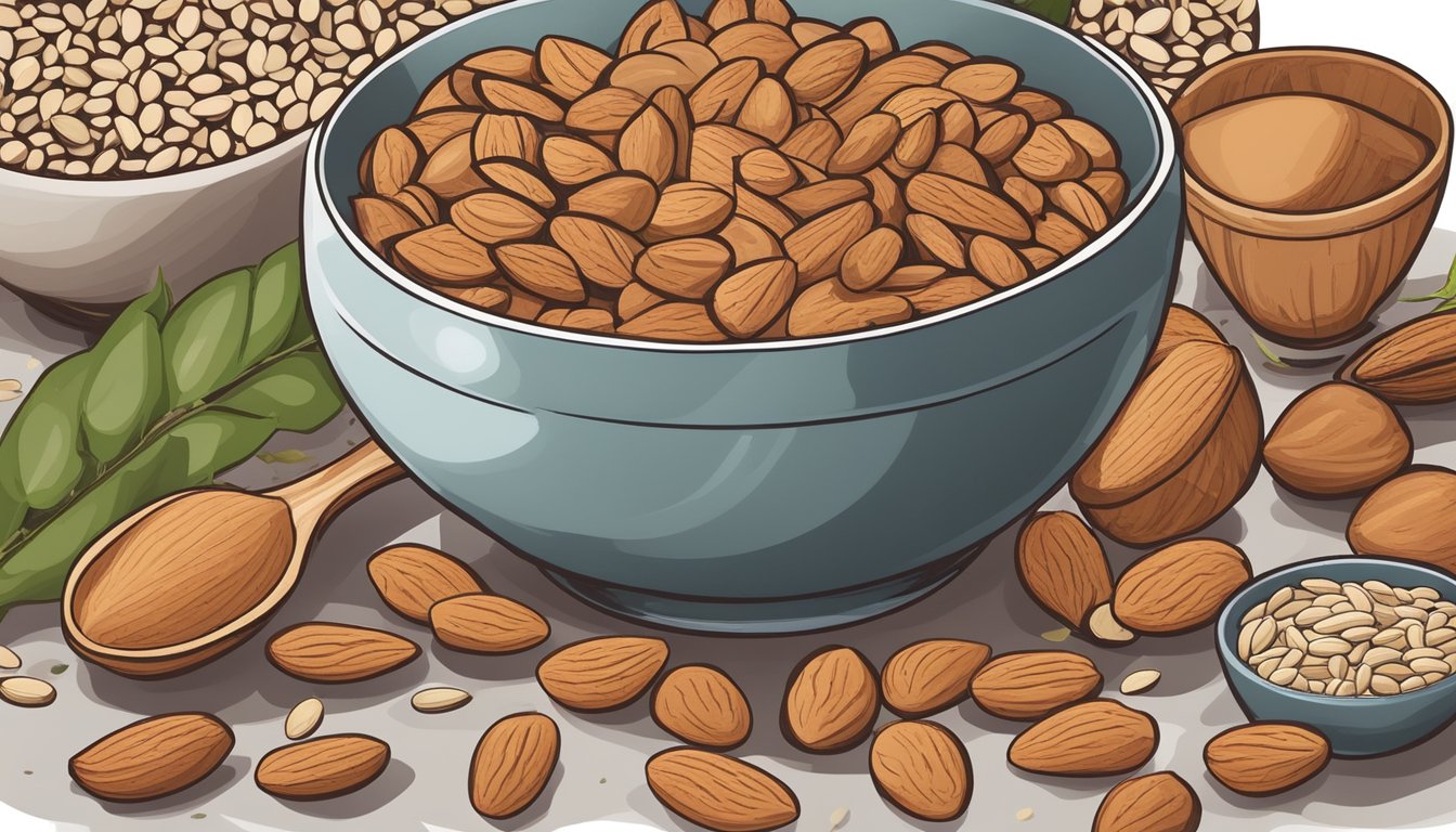 A bowl filled with almonds, surrounded by other plant-based sources of zinc like legumes, seeds, and whole grains