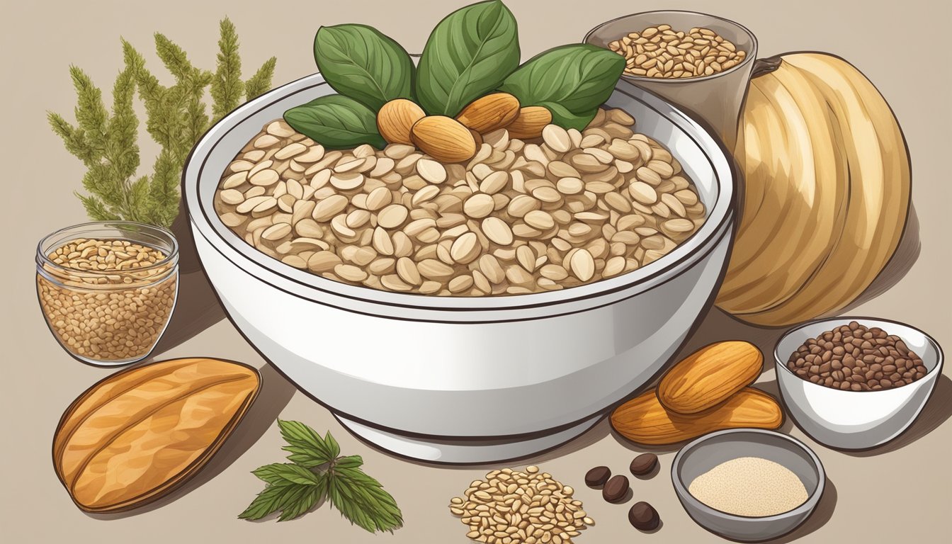 A bowl of oatmeal surrounded by a variety of plant-based foods rich in zinc, such as legumes, seeds, nuts, and whole grains