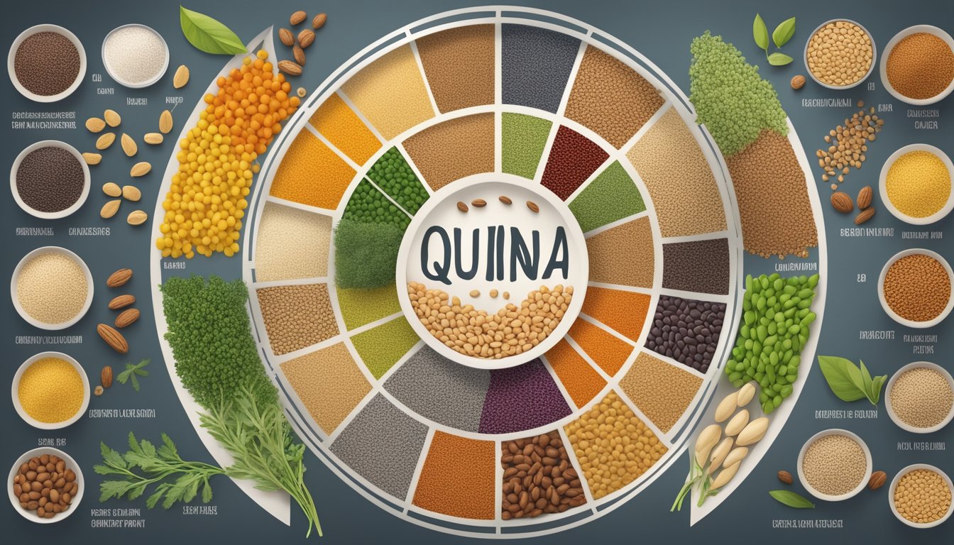 A colorful array of quinoa, legumes, seeds, and nuts arranged in a circular pattern, with a zinc-rich plant-based food chart in the background