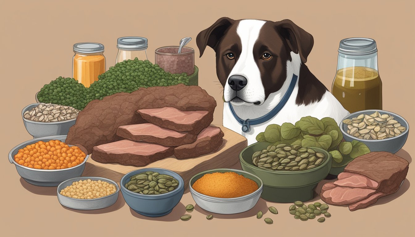 A dog standing next to a pile of beef liver, surrounded by other zinc-rich foods like oysters and pumpkin seeds