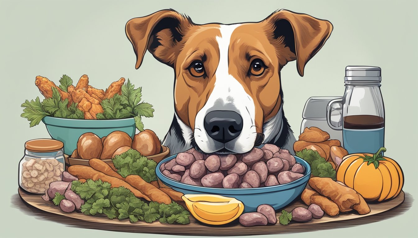 A bowl of chicken hearts surrounded by other zinc-rich foods, with a happy dog eagerly waiting to eat them