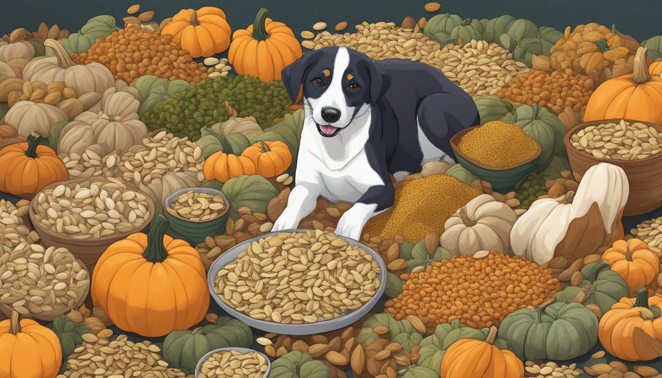 A dog happily munching on a pile of pumpkin seeds among other zinc-rich foods