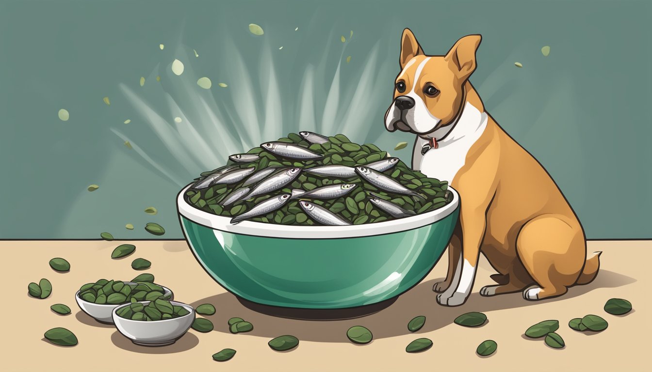 A bowl filled with sardines, spinach, and pumpkin seeds surrounded by dog food and a water bowl