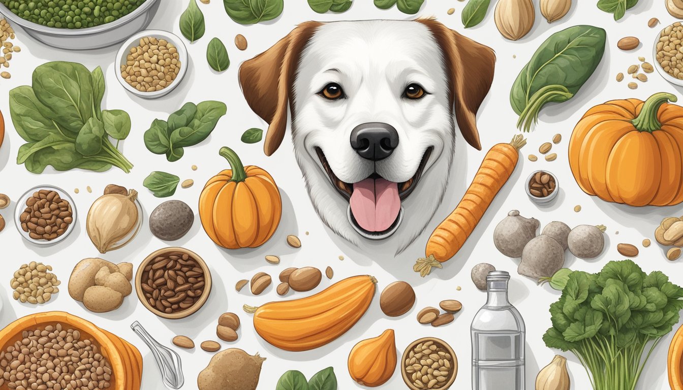 A happy dog surrounded by a variety of zinc-rich foods such as turkey, spinach, pumpkin seeds, and lentils, displayed on a clean, white surface