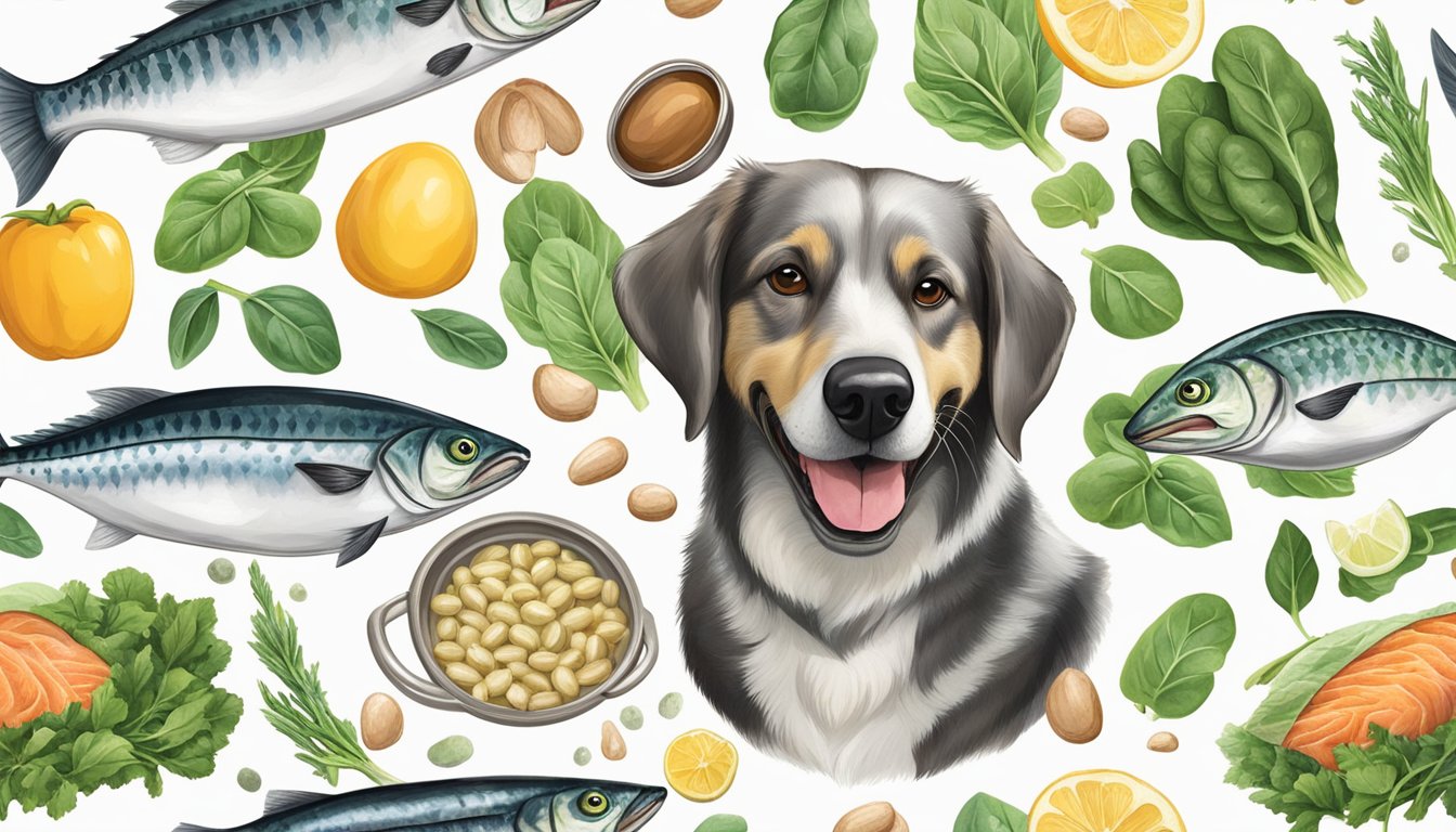 A happy dog surrounded by mackerel, spinach, and other zinc-rich foods