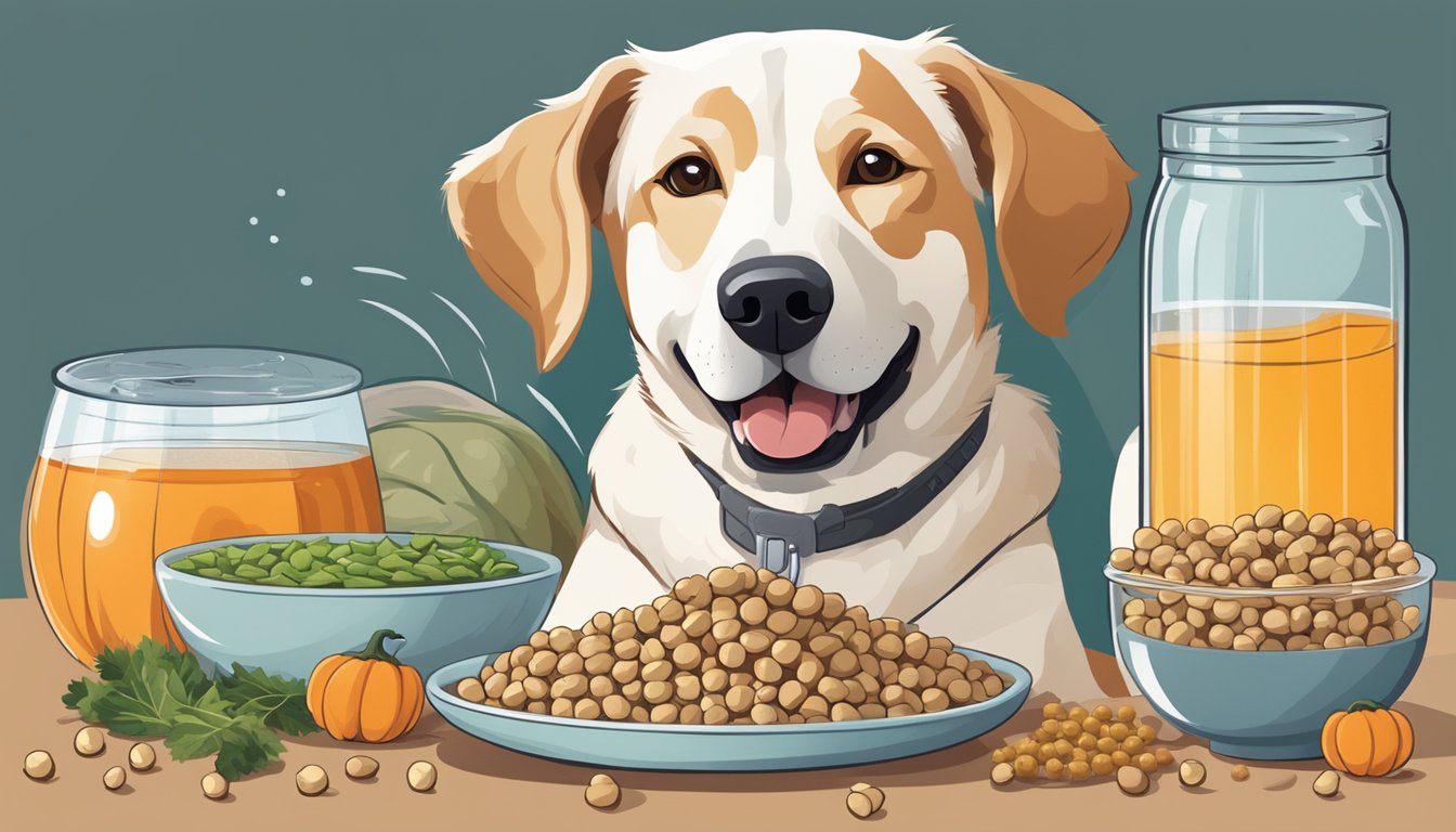 A happy, energetic dog surrounded by a variety of zinc-rich foods such as lamb, pumpkin seeds, and chickpeas, with a bowl of water nearby