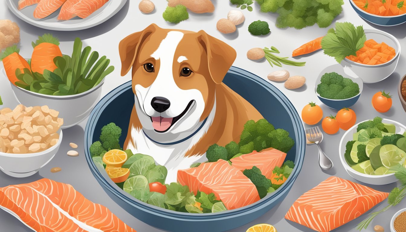 A dog happily eating from a bowl filled with salmon and other zinc-rich foods, surrounded by a variety of healthy ingredients