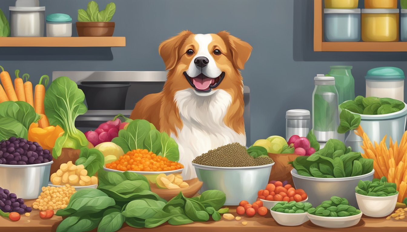 A happy dog surrounded by a variety of zinc-rich foods, including spinach, in a vibrant and healthy environment