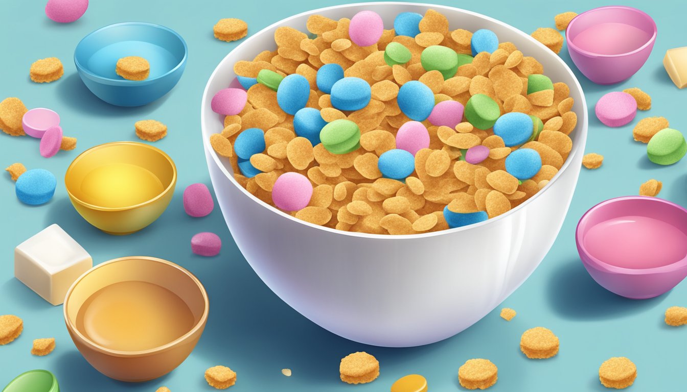 A colorful bowl of sugary cereals surrounded by spilled milk and scattered sugar packets