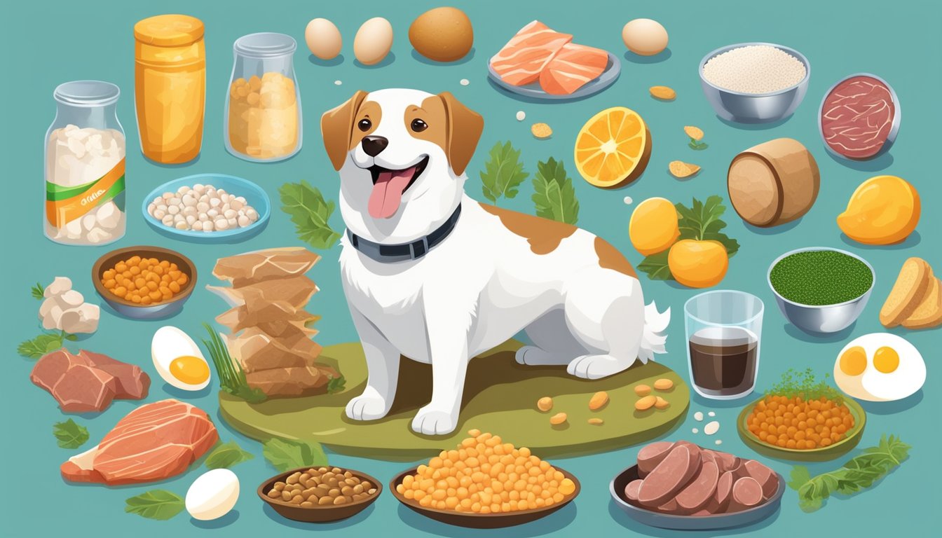 A happy dog surrounded by a variety of zinc-rich foods, such as beef, chicken, fish, eggs, and lentils, with a shiny coat and energetic demeanor