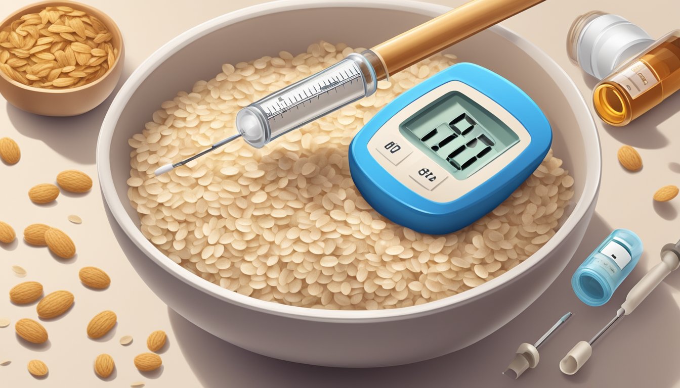 A bowl of instant oatmeal surrounded by a rising blood sugar meter and insulin syringe