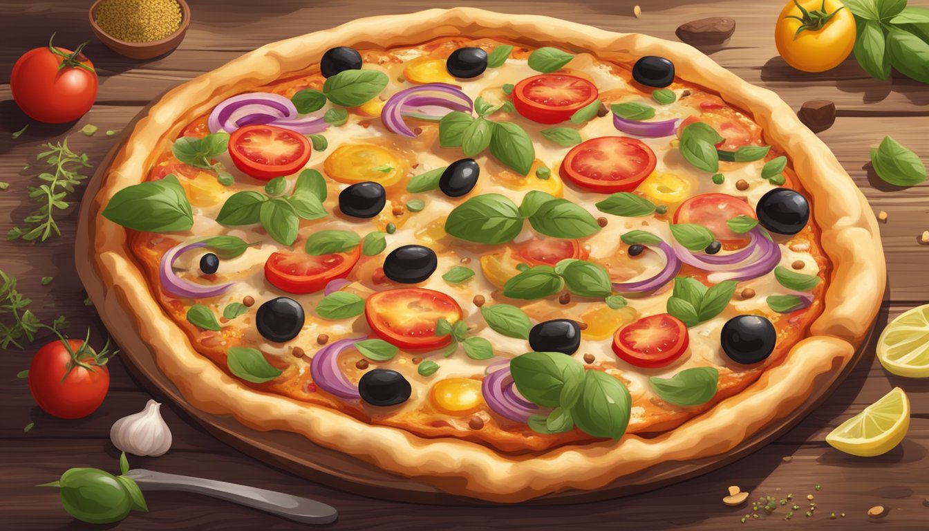 A fresh, hot pizza with a thick, golden crust sits on a rustic wooden table, surrounded by colorful toppings and a sprinkling of oregano