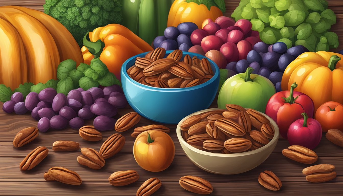 A bowl of colorful pecans surrounded by vibrant fruits and vegetables on a rustic wooden table